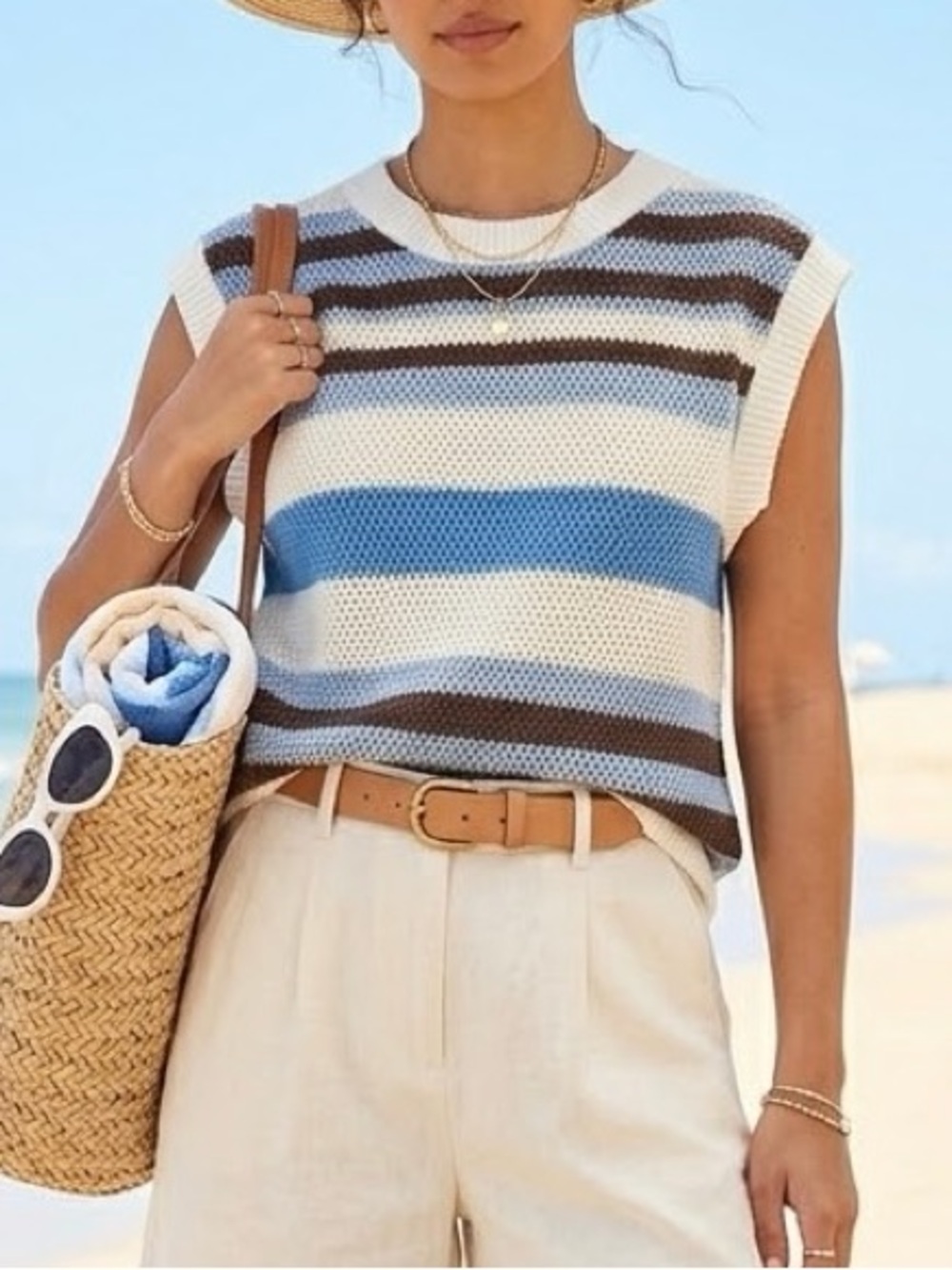 Striped Knit Sleeveless Tee in Blue and Brown
